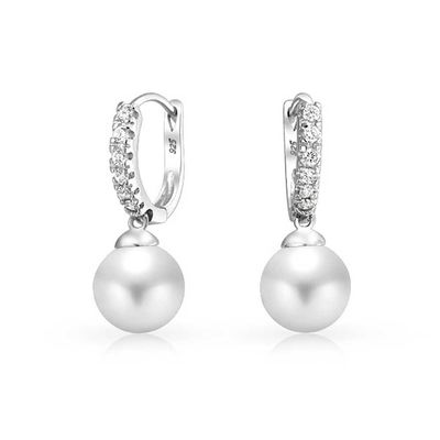 10MM Pearl Cubic Zirconia Dangle Earrings OEM CZ Dangle Drop Earrings (أقراط من الزركونيا الكوبية اللؤلؤية)